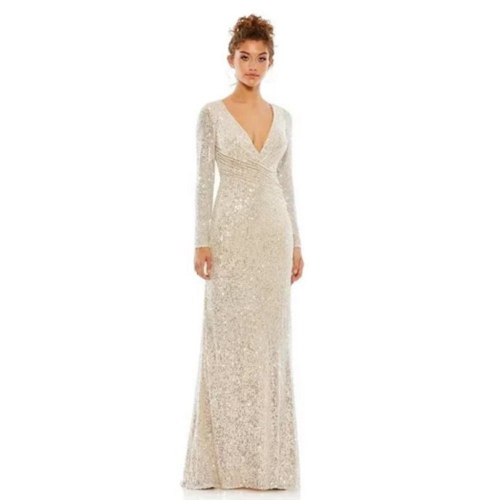 Mac Duggal Nude Silver Sequin Ruched Long Sleeve Column Gown